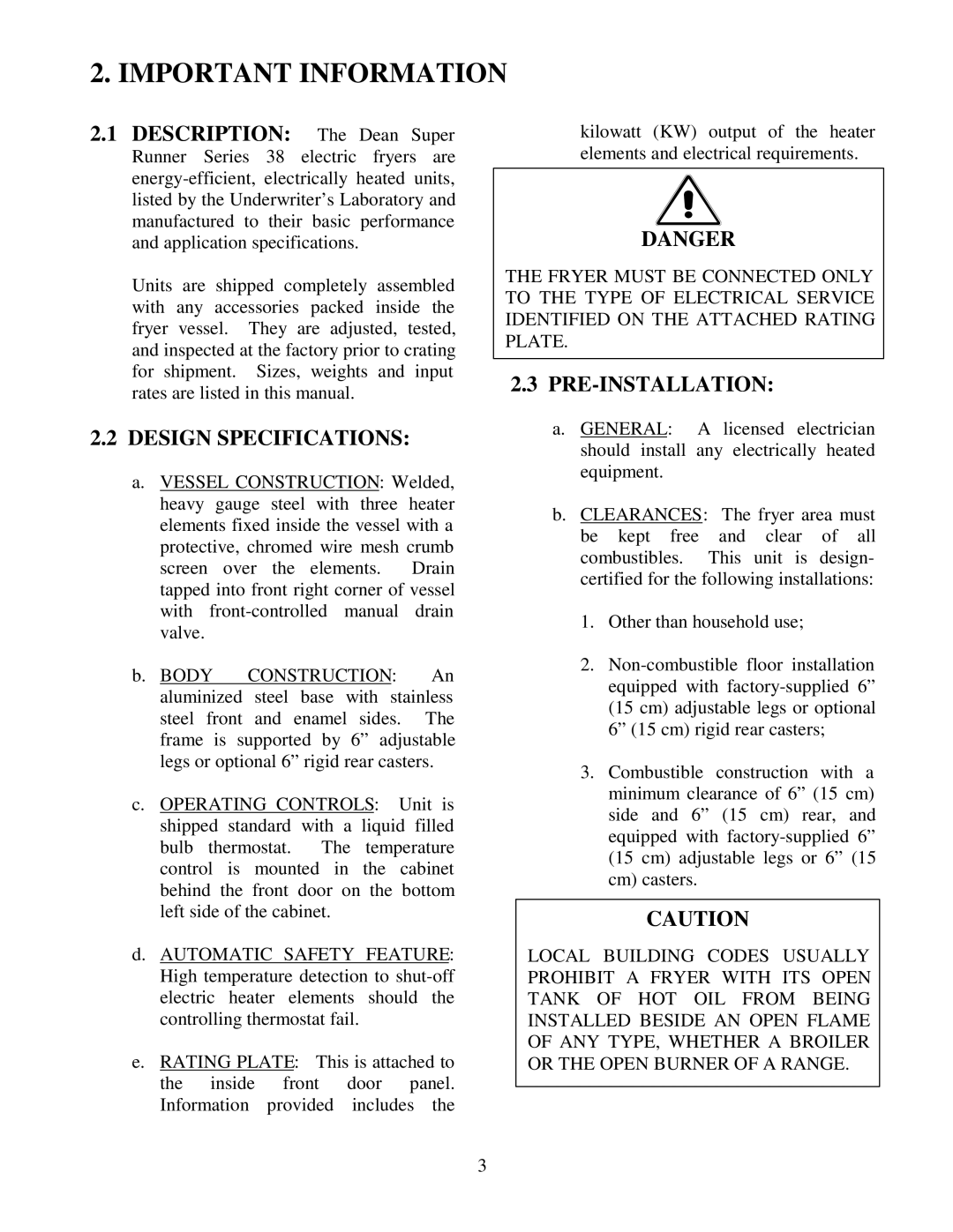 Frymaster 38 Series operation manual Important Information, Design Specifications, Pre-Installation 