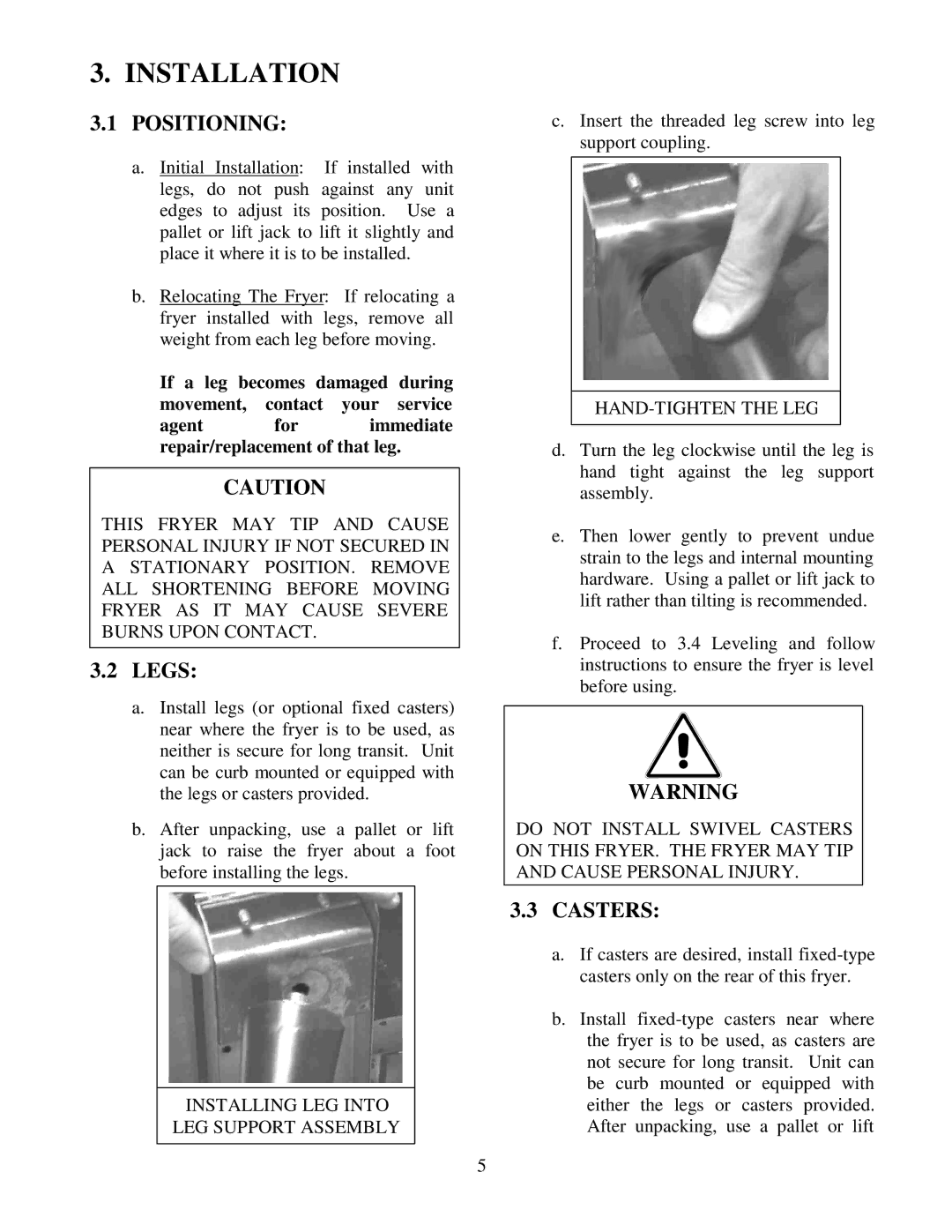 Frymaster 38 Series operation manual Installation, Positioning, Casters 