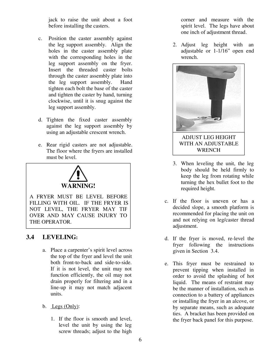 Frymaster 38 Series operation manual Leveling, Adjust LEG Height With AN Adjustable Wrench 