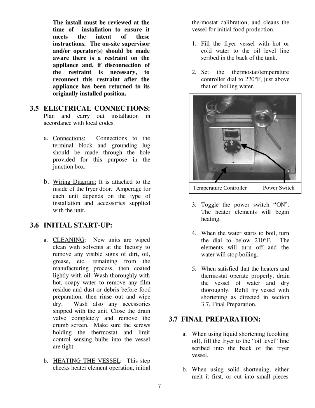 Frymaster 38 Series operation manual Electrical Connections, Initial START-UP, Final Preparation 