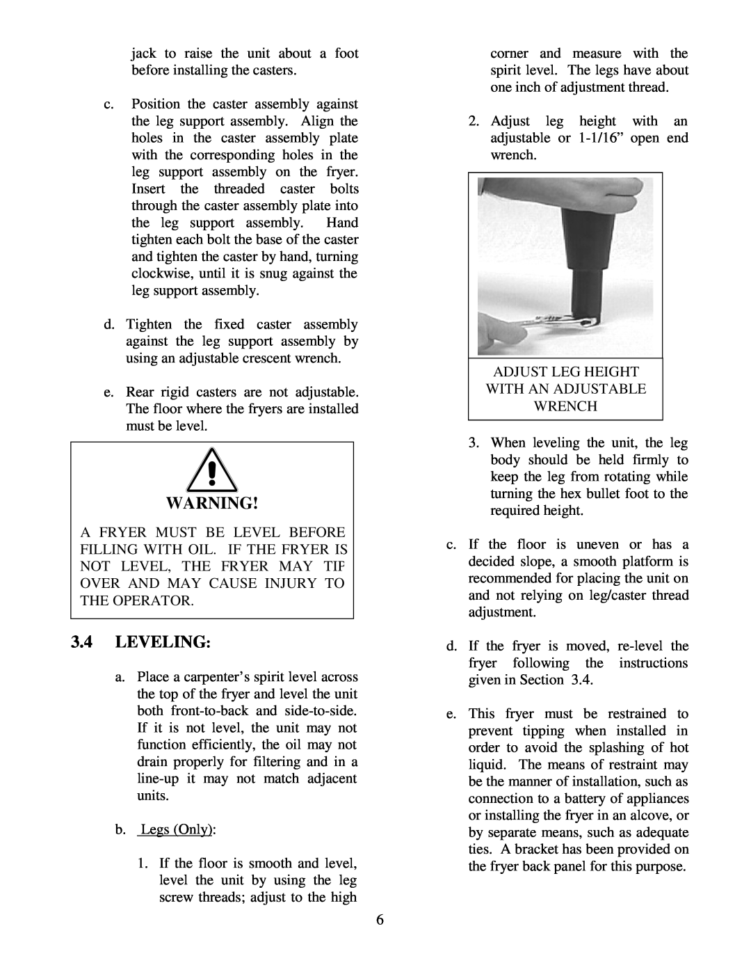 Frymaster 38 Series operation manual 3.4LEVELING 