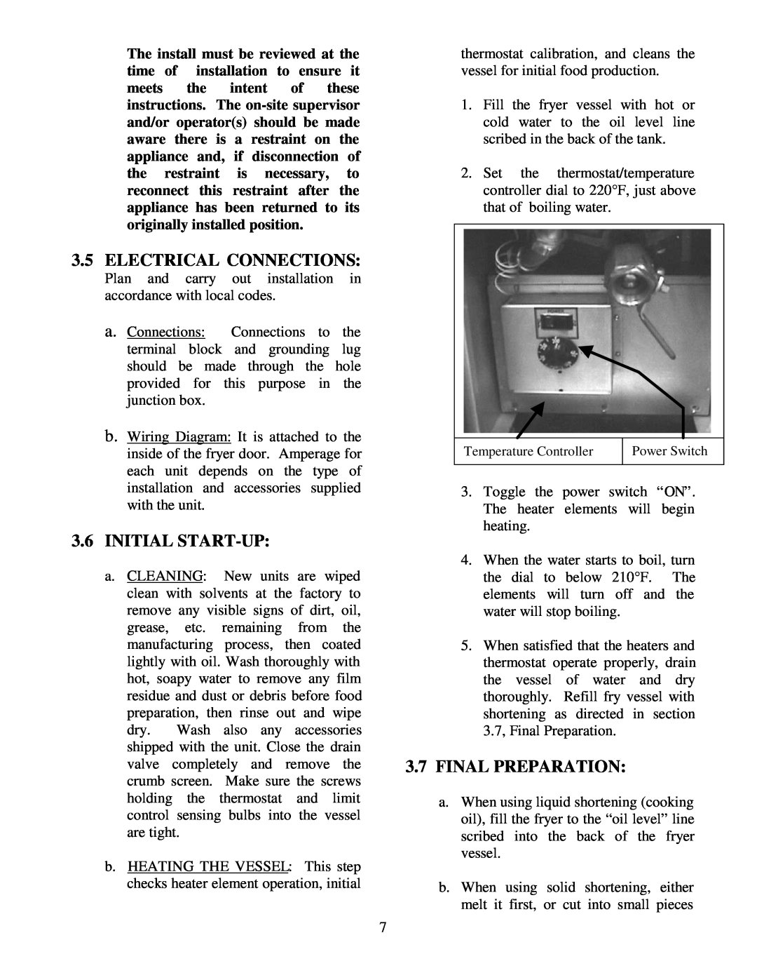 Frymaster 38 Series operation manual Electrical Connections, 3.6INITIAL START-UP, 3.7FINAL PREPARATION 