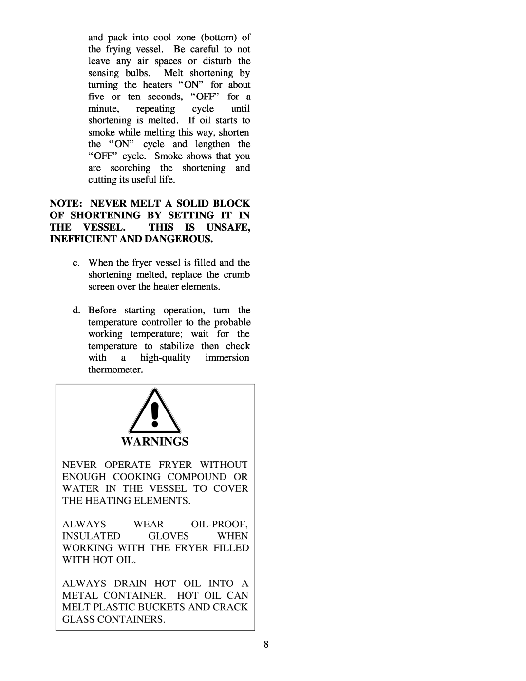 Frymaster 38 Series operation manual Warnings 