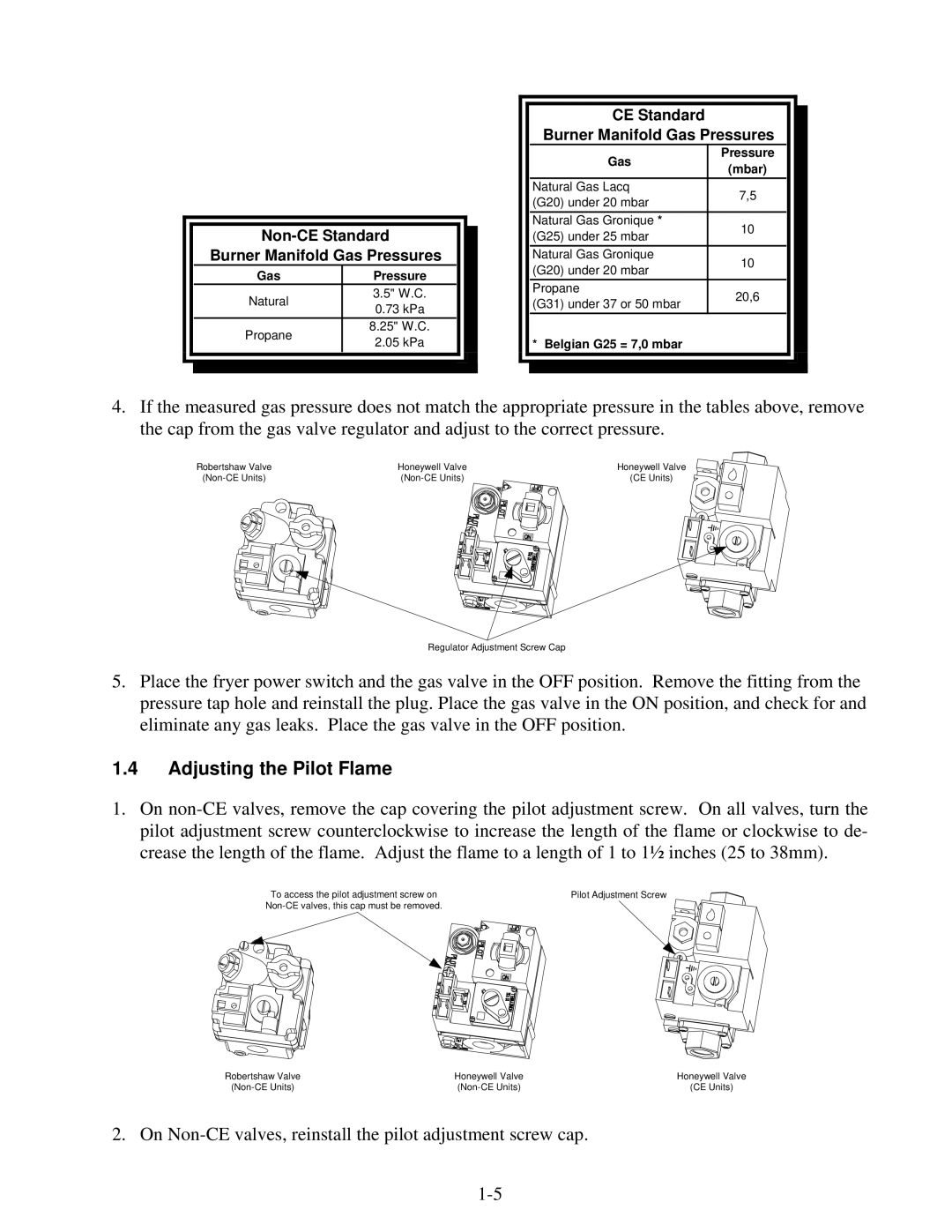 Frymaster 45 Series manual Adjusting the Pilot Flame, CE Standard Burner Manifold Gas Pressures 