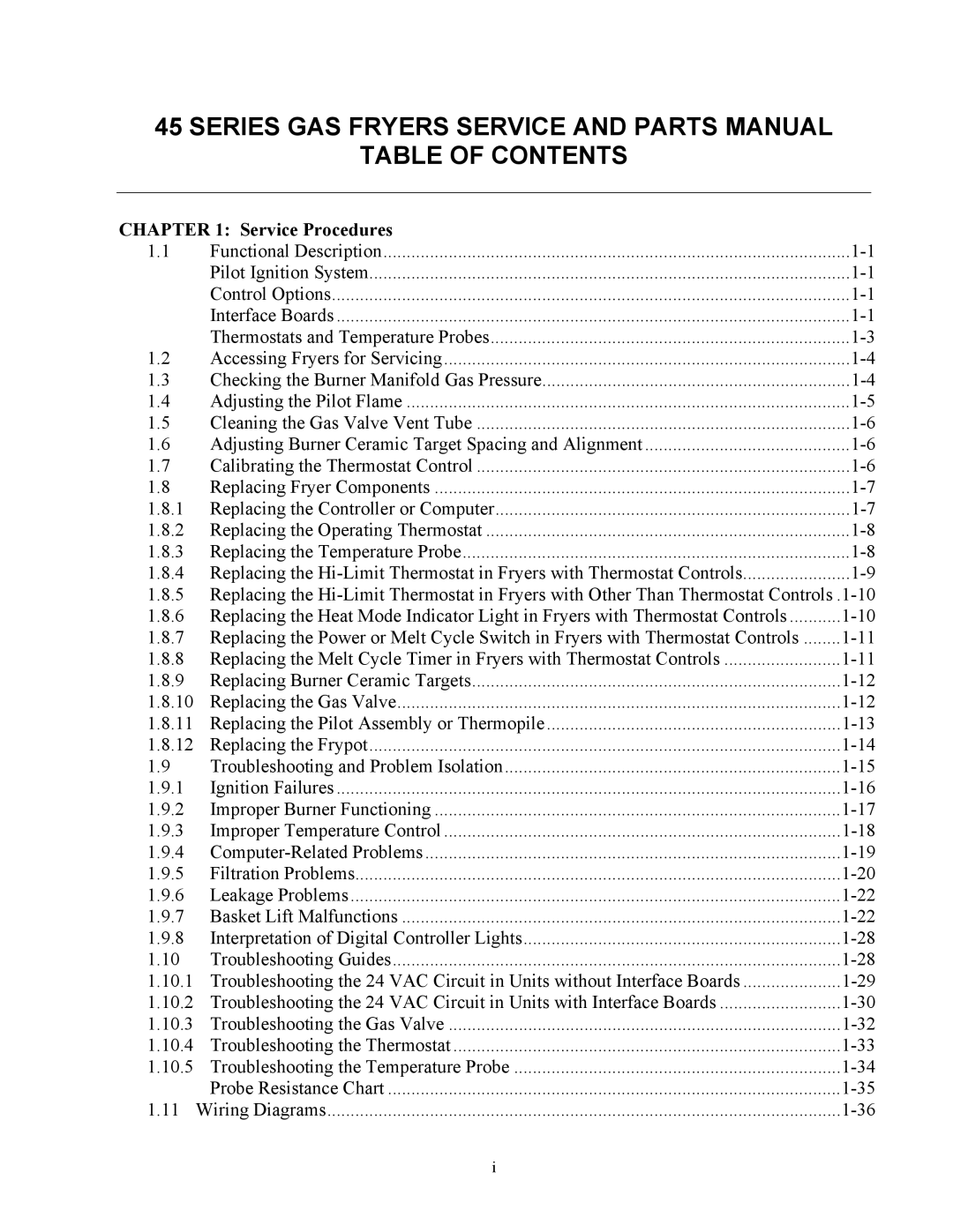 Frymaster 45 Series manual Series GAS Fryers Service and Parts Manual Table of Contents 