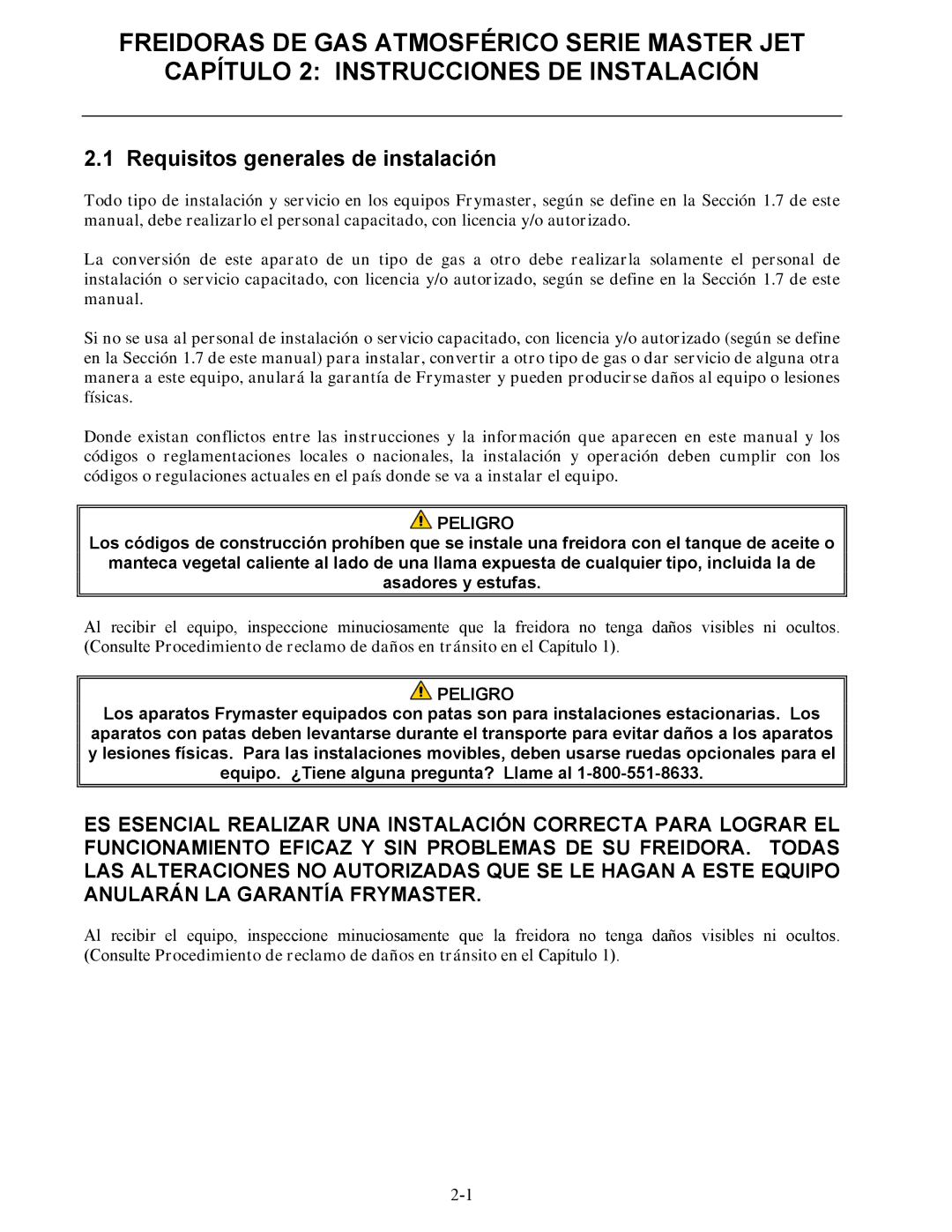 Frymaster 45 y manual Requisitos generales de instalación, Peligro 