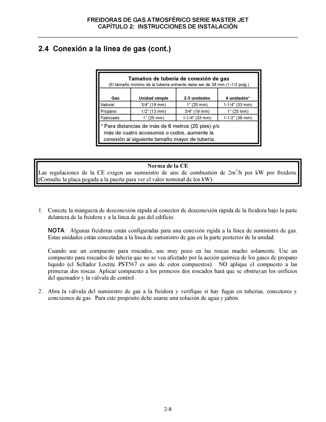 Frymaster 45 y manual Norma de la CE, Tamaños de tubería de conexión de gas 