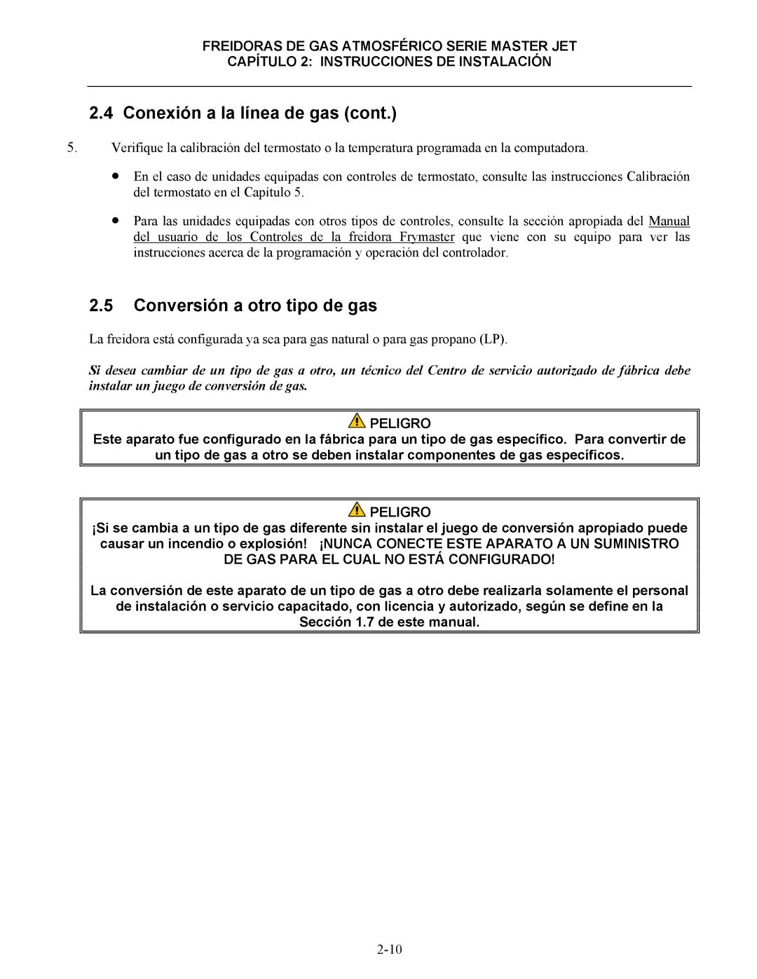 Frymaster 45 y manual Conversión a otro tipo de gas 