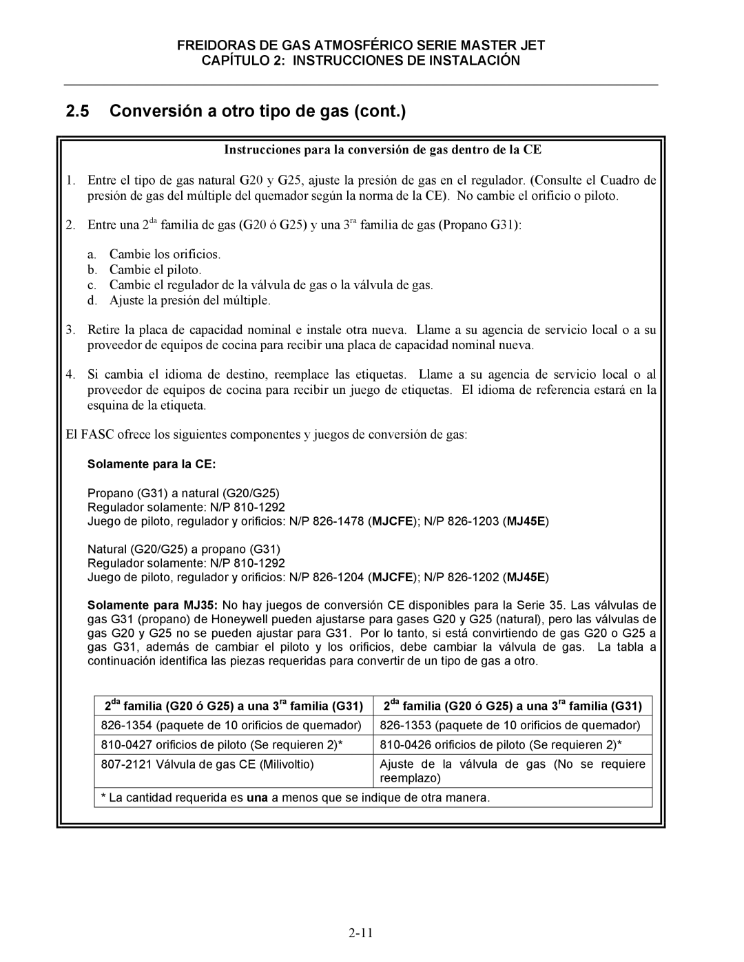 Frymaster 45 y manual Instrucciones para la conversión de gas dentro de la CE, Solamente para la CE 