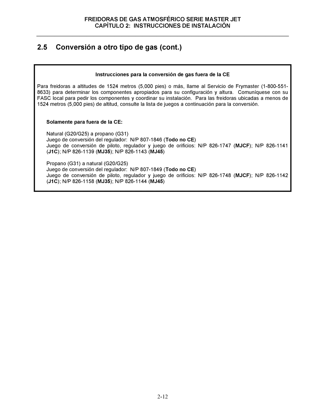 Frymaster 45 y manual Instrucciones para la conversión de gas fuera de la CE 