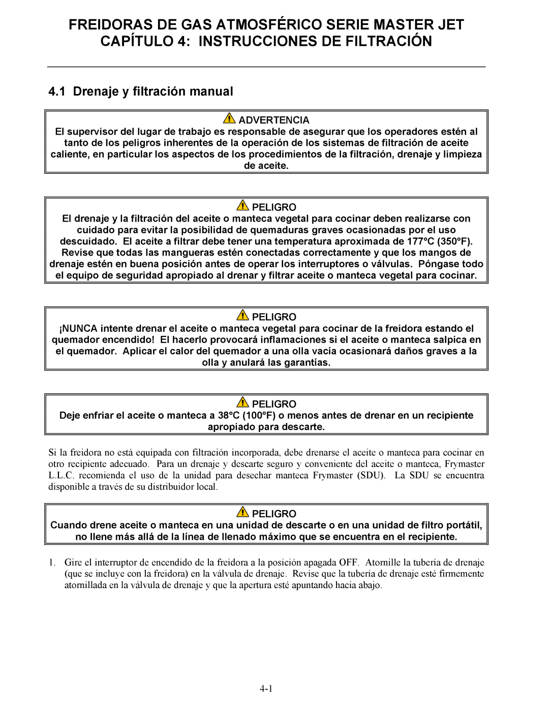 Frymaster 45 y Drenaje y filtración manual 