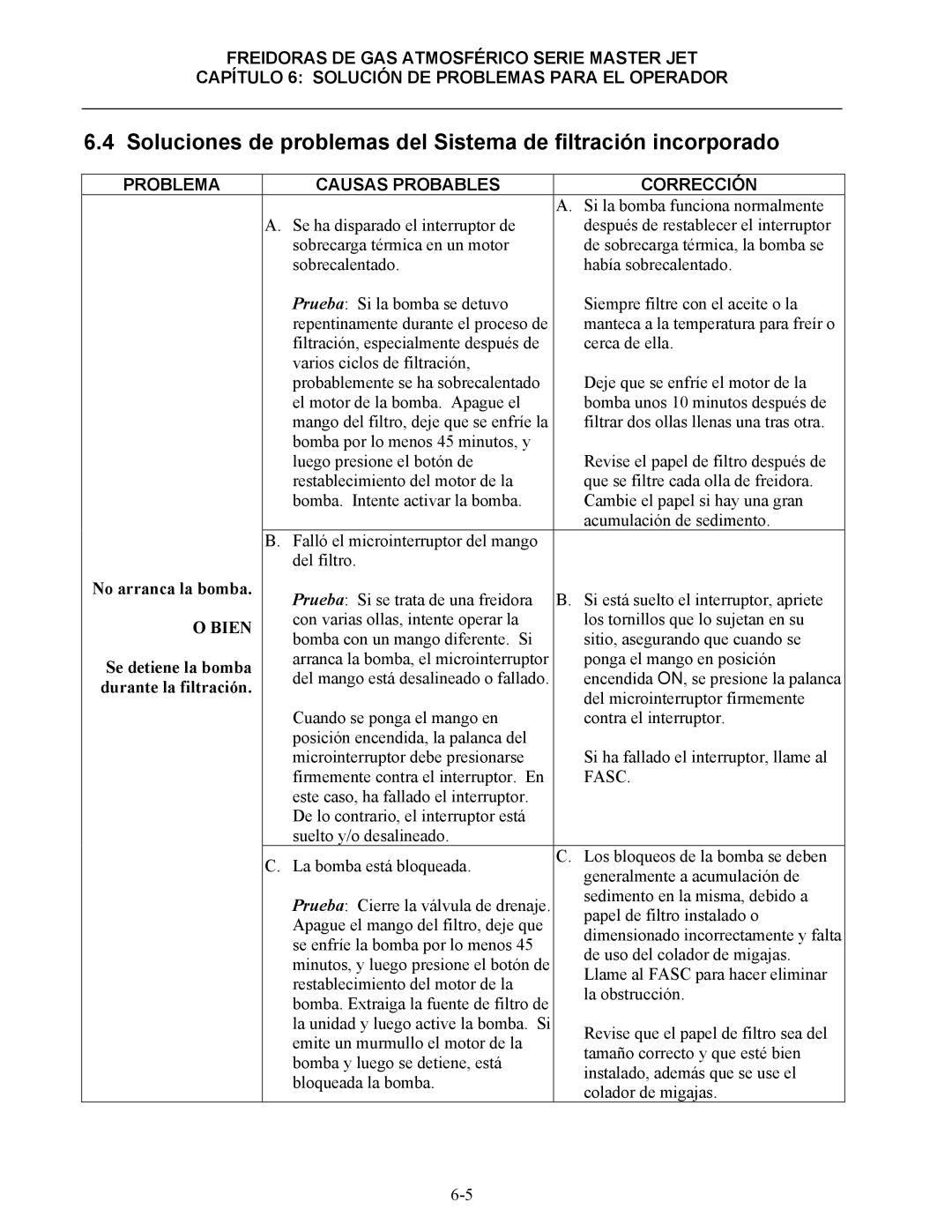 Frymaster 45 y manual No arranca la bomba, Se detiene la bomba, Durante la filtración 