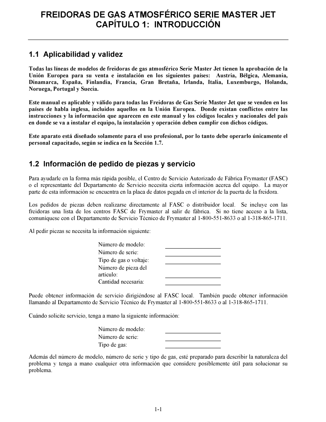 Frymaster 45 y manual Aplicabilidad y validez, Información de pedido de piezas y servicio 