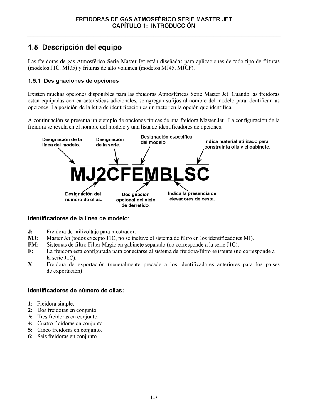 Frymaster 45 y manual Descripción del equipo, Designaciones de opciones, Identificadores de la línea de modelo 