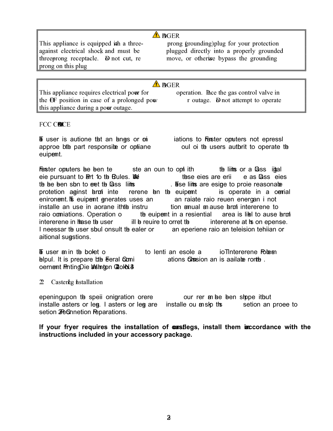 Frymaster 47 Series operation manual FCC Compliance, Caster/Leg Installation 