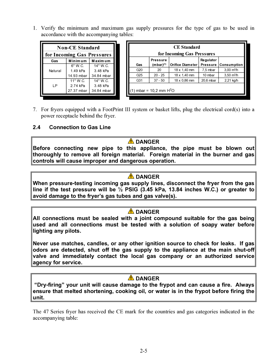 Frymaster 47 Series operation manual Non-CE Standard For Incoming Gas Pressures 