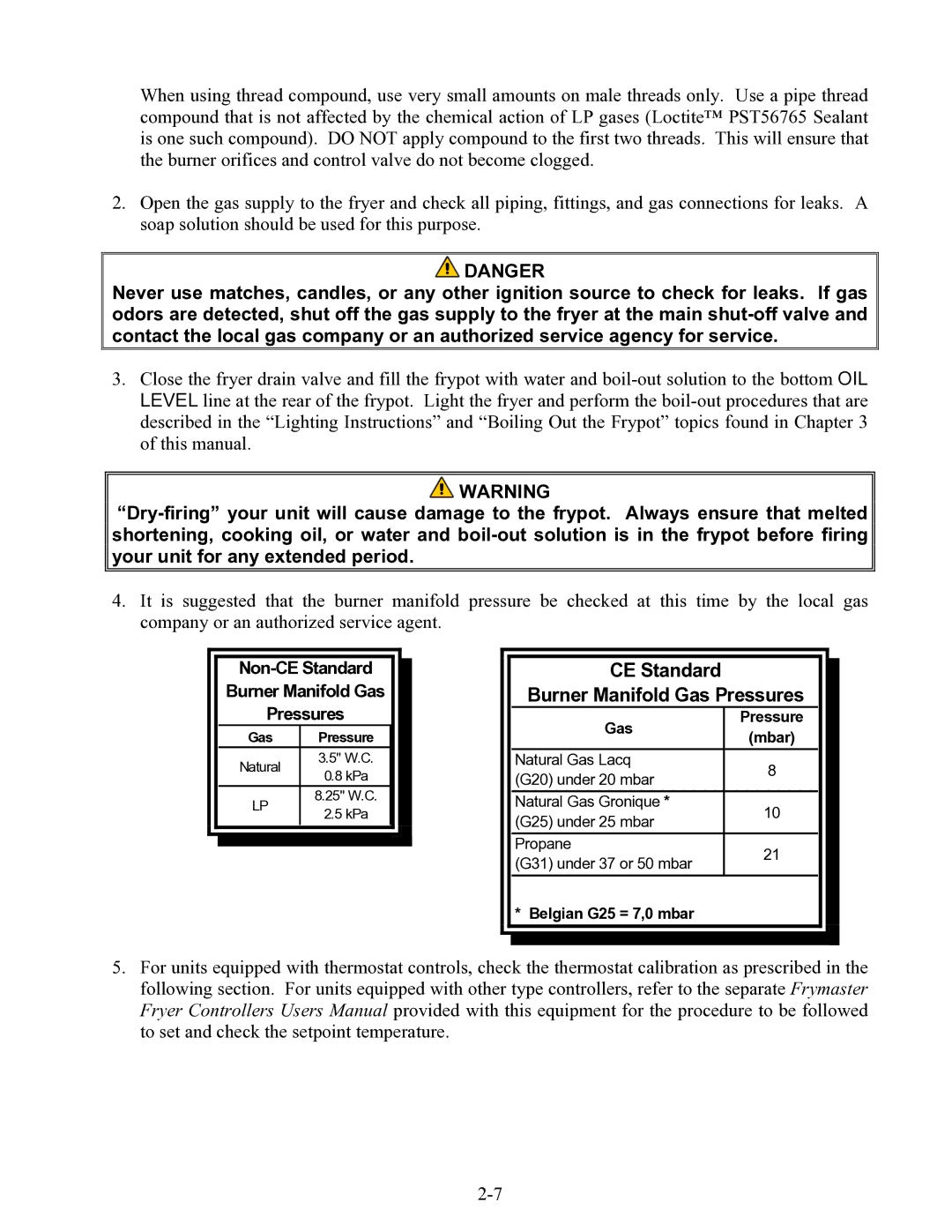 Frymaster 47 Series operation manual CE Standard Burner Manifold Gas Pressures 