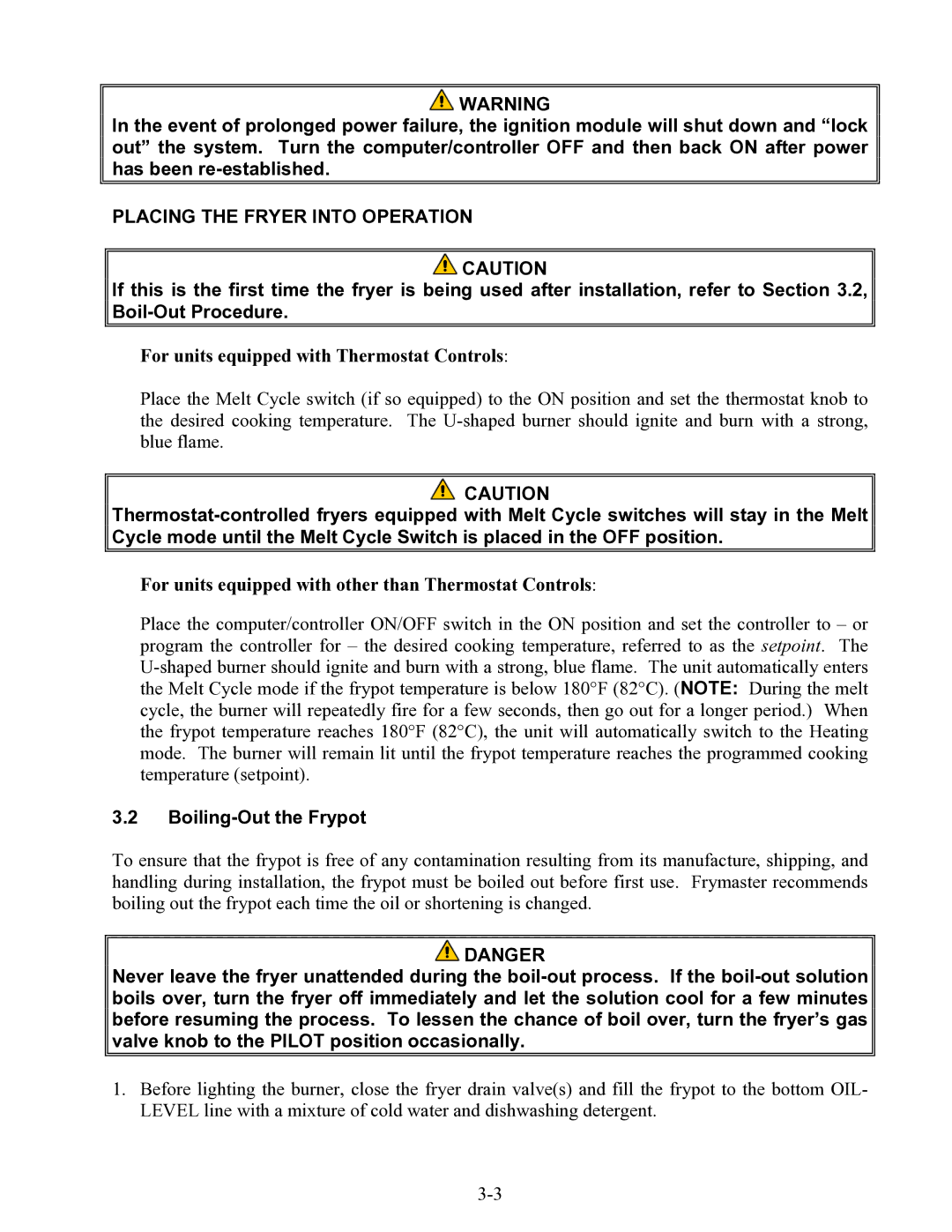 Frymaster 47 Series Placing the Fryer Into Operation, For units equipped with Thermostat Controls, Boiling-Out the Frypot 