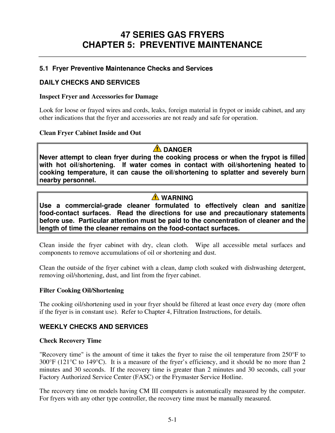 Frymaster 47 Series Series GAS Fryers Preventive Maintenance, Fryer Preventive Maintenance Checks and Services 