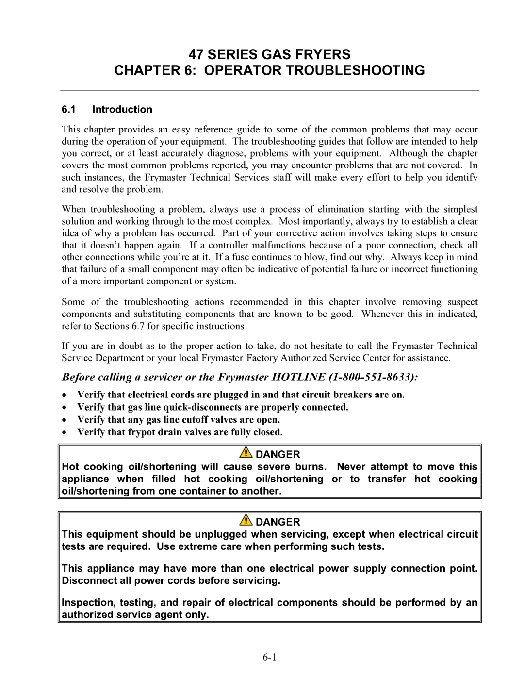 Frymaster 47 Series operation manual Series GAS Fryers Operator Troubleshooting, Introduction 