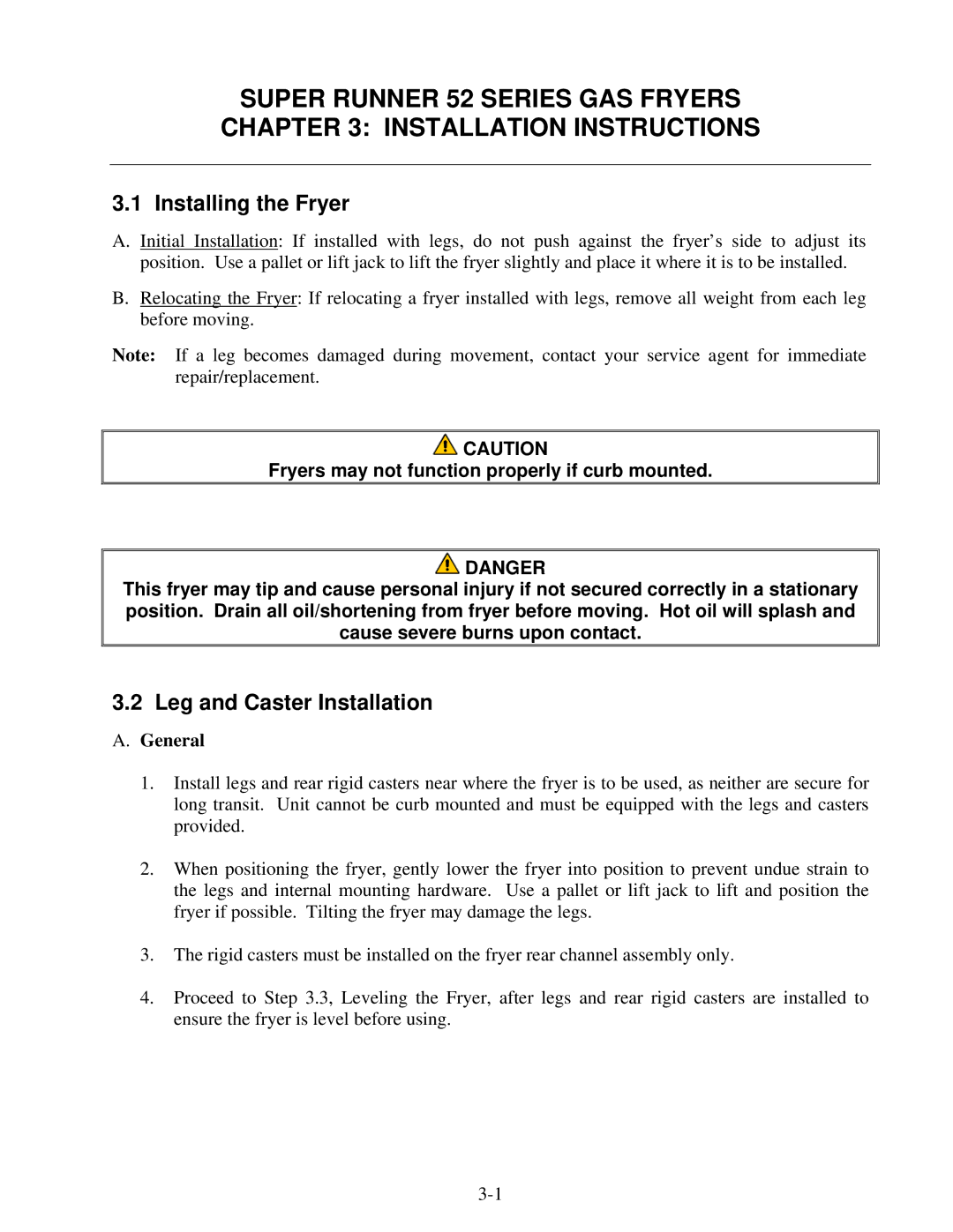 Frymaster operation manual Super Runner 52 Series GAS Fryers Installation Instructions, Installing the Fryer, General 