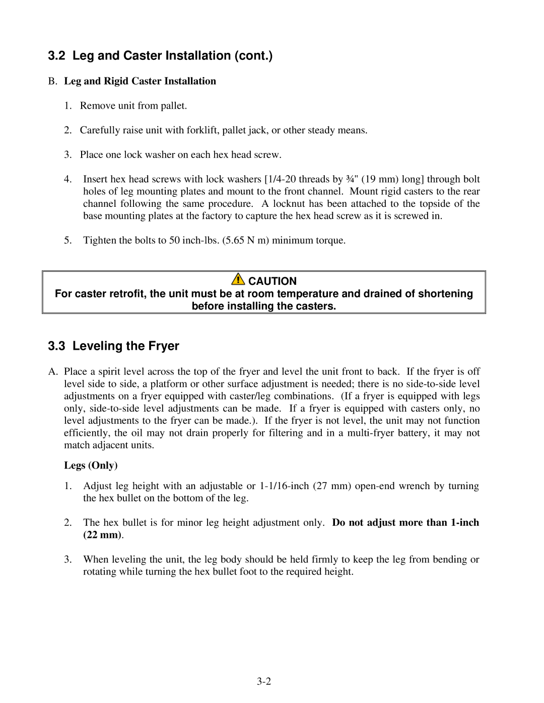 Frymaster 52 Series operation manual Leveling the Fryer, Leg and Rigid Caster Installation, Legs Only 