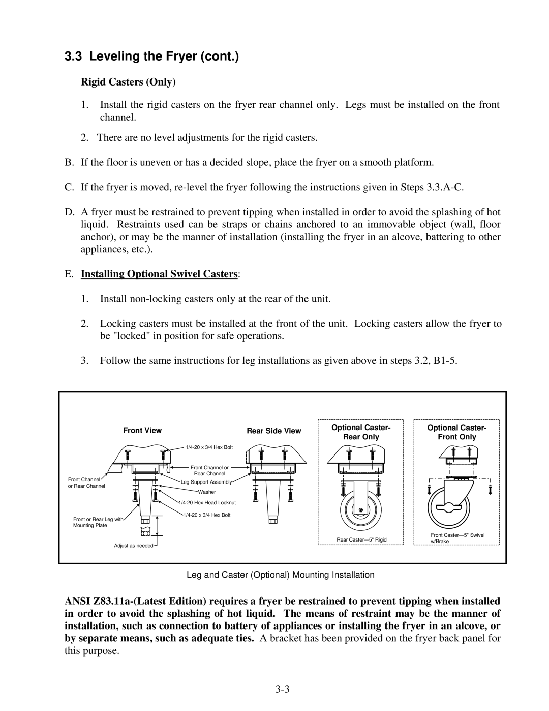 Frymaster 52 Series operation manual Rigid Casters Only, Installing Optional Swivel Casters 