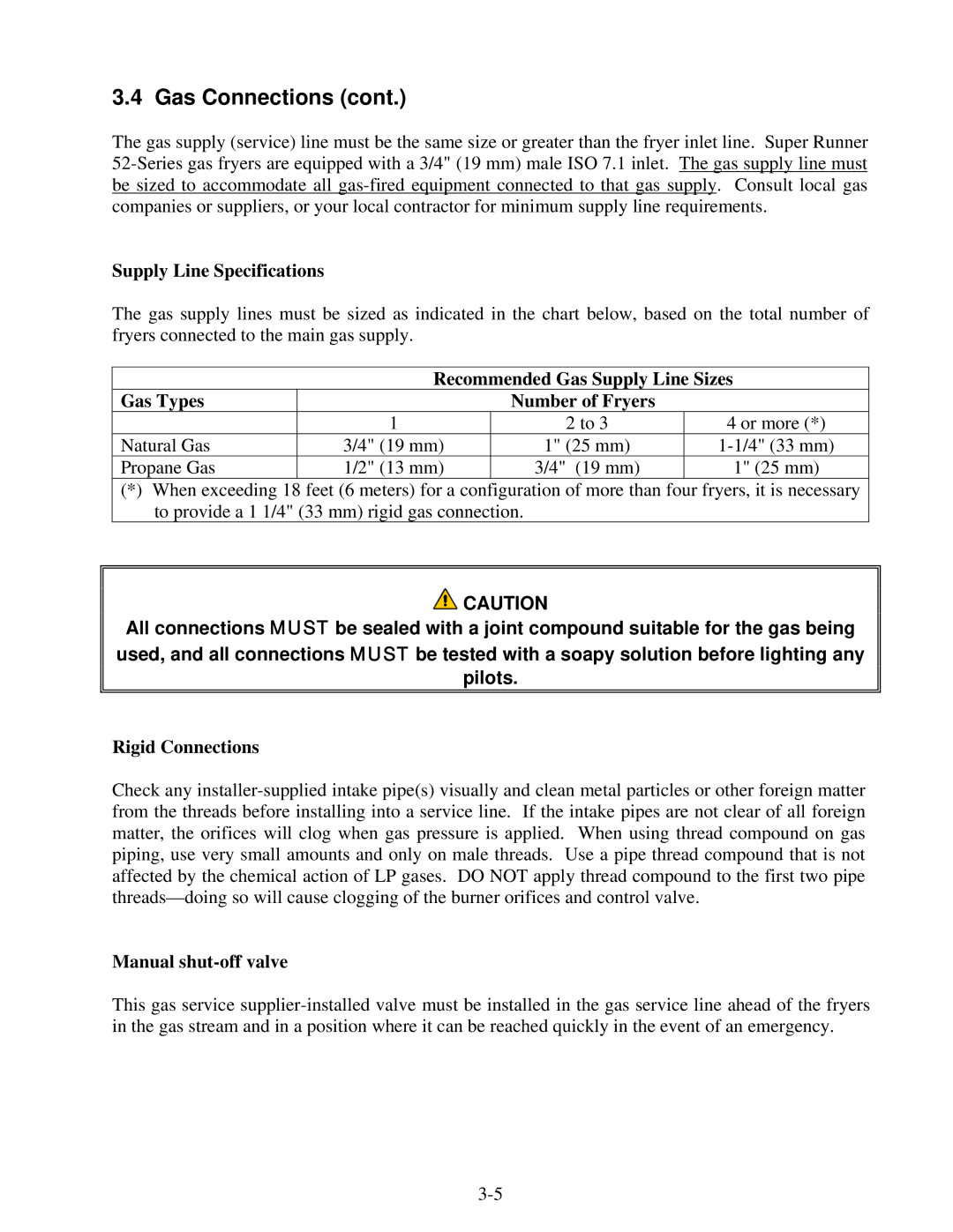 Frymaster 52 Series Supply Line Specifications, Recommended Gas Supply Line Sizes, Gas Types Number of Fryers 