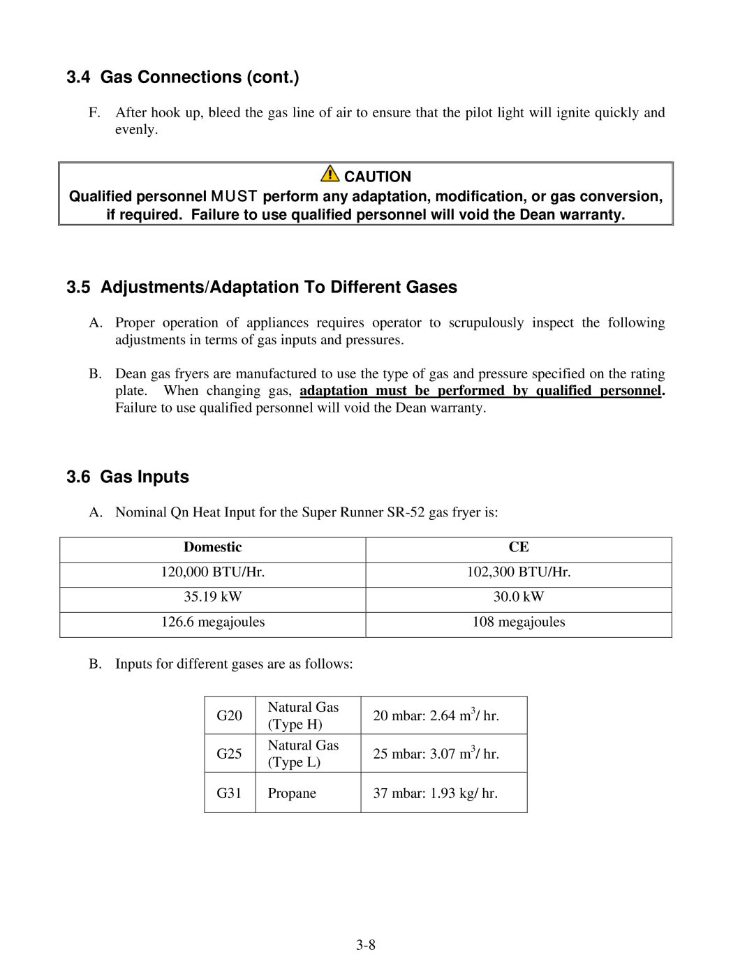 Frymaster 52 Series operation manual Adjustments/Adaptation To Different Gases, Gas Inputs, Domestic 