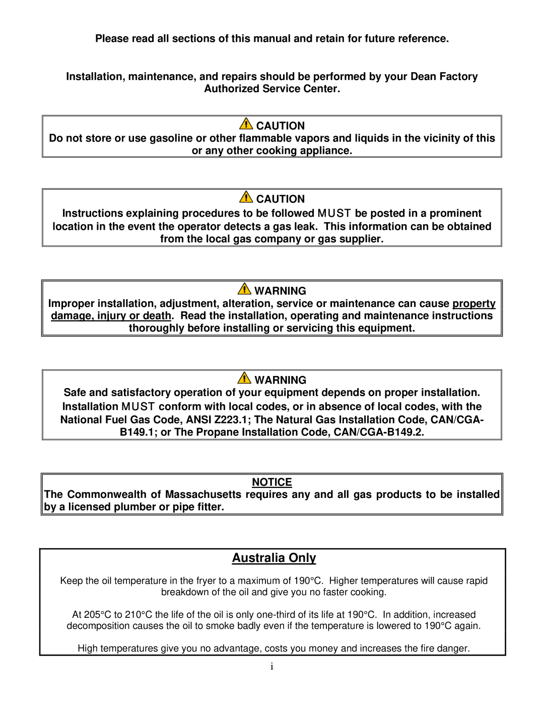 Frymaster 52 Series operation manual Australia Only 