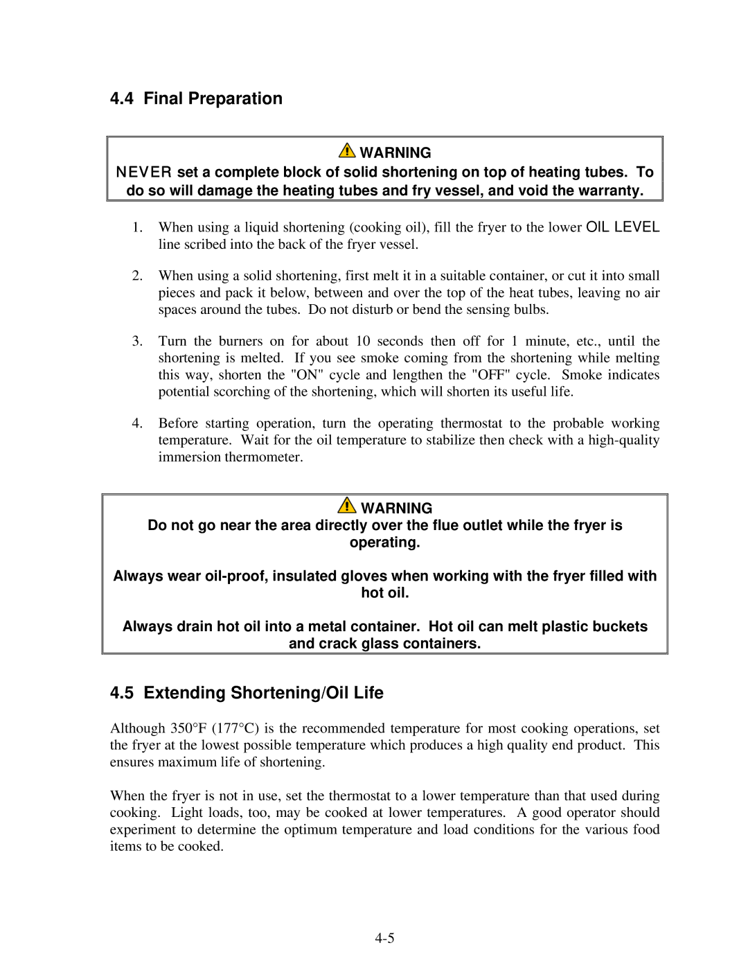 Frymaster 52 Series operation manual Final Preparation, Extending Shortening/Oil Life 