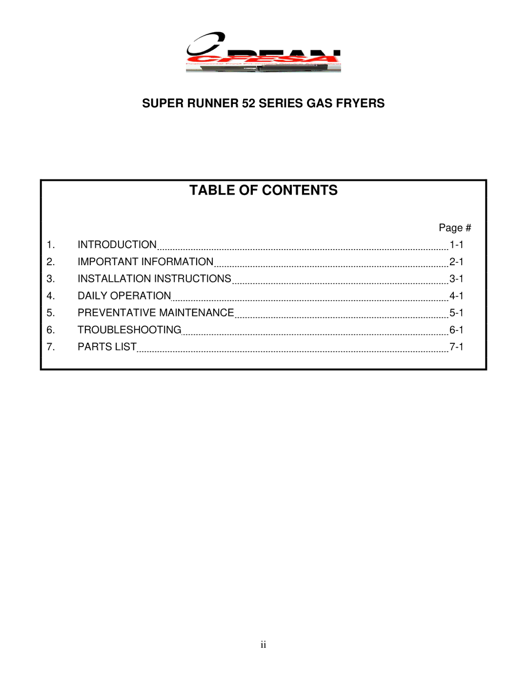 Frymaster 52 Series operation manual Table of Contents 