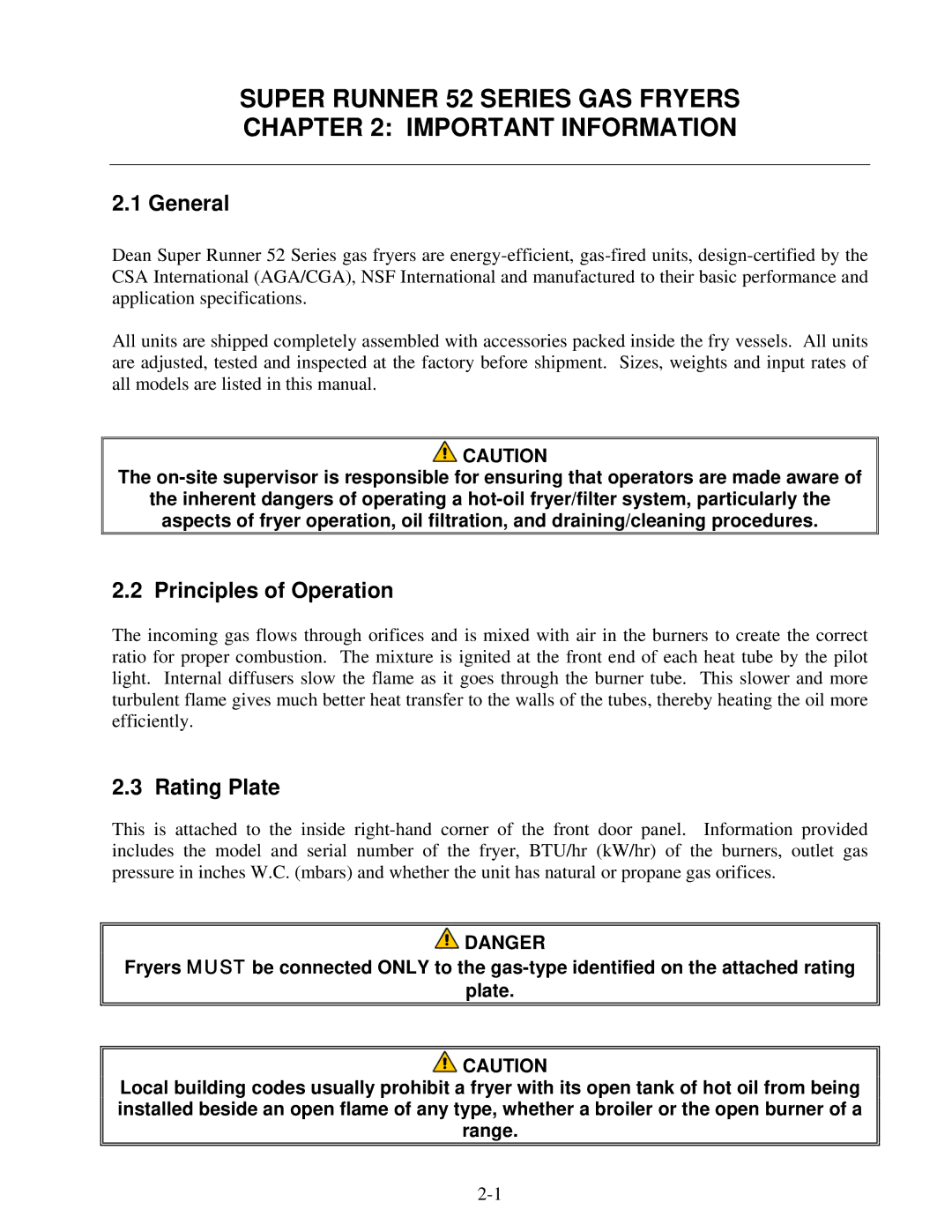 Frymaster Super Runner 52 Series GAS Fryers Important Information, General, Principles of Operation, Rating Plate 