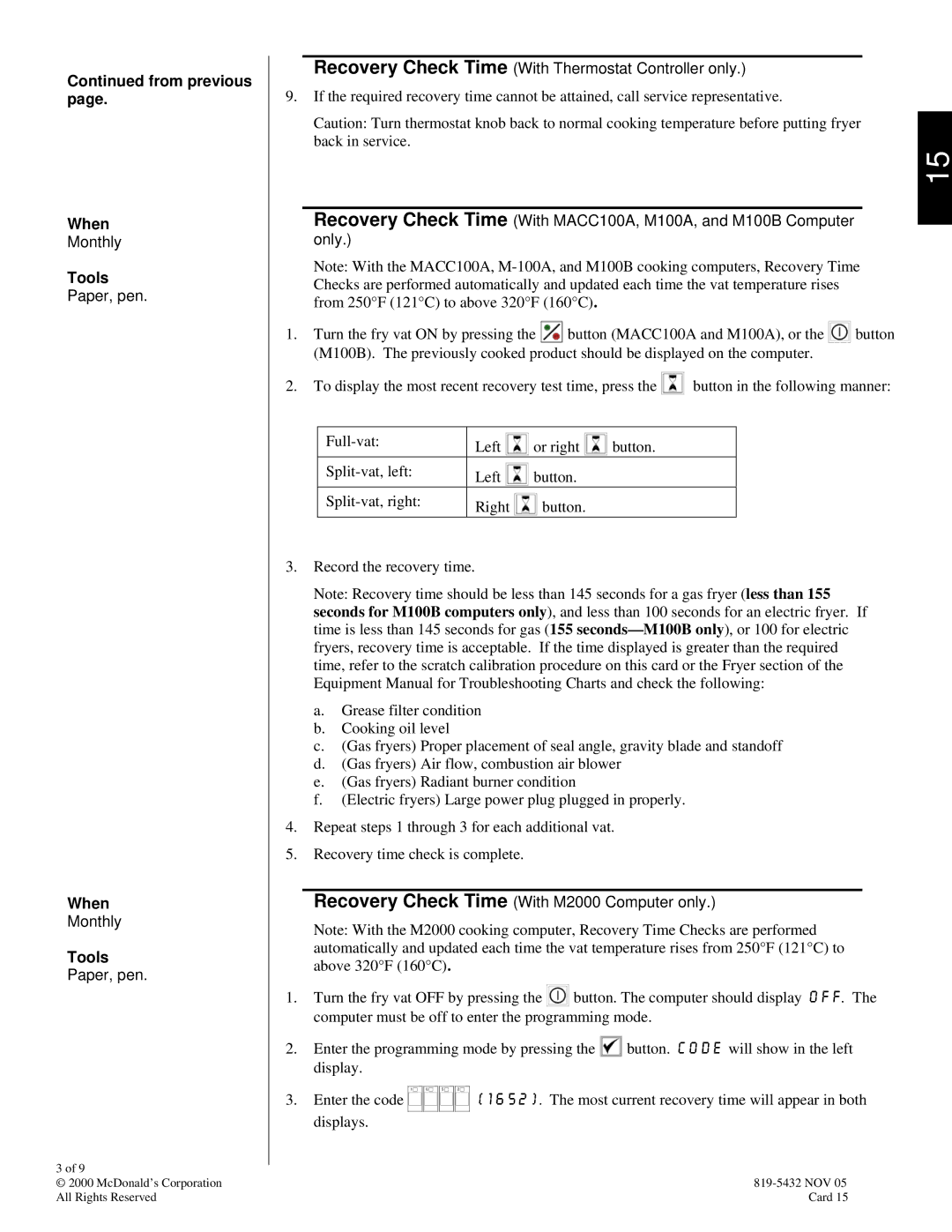 Frymaster 819-5432 manual Paper, pen, Recovery Check Time With M2000 Computer only 