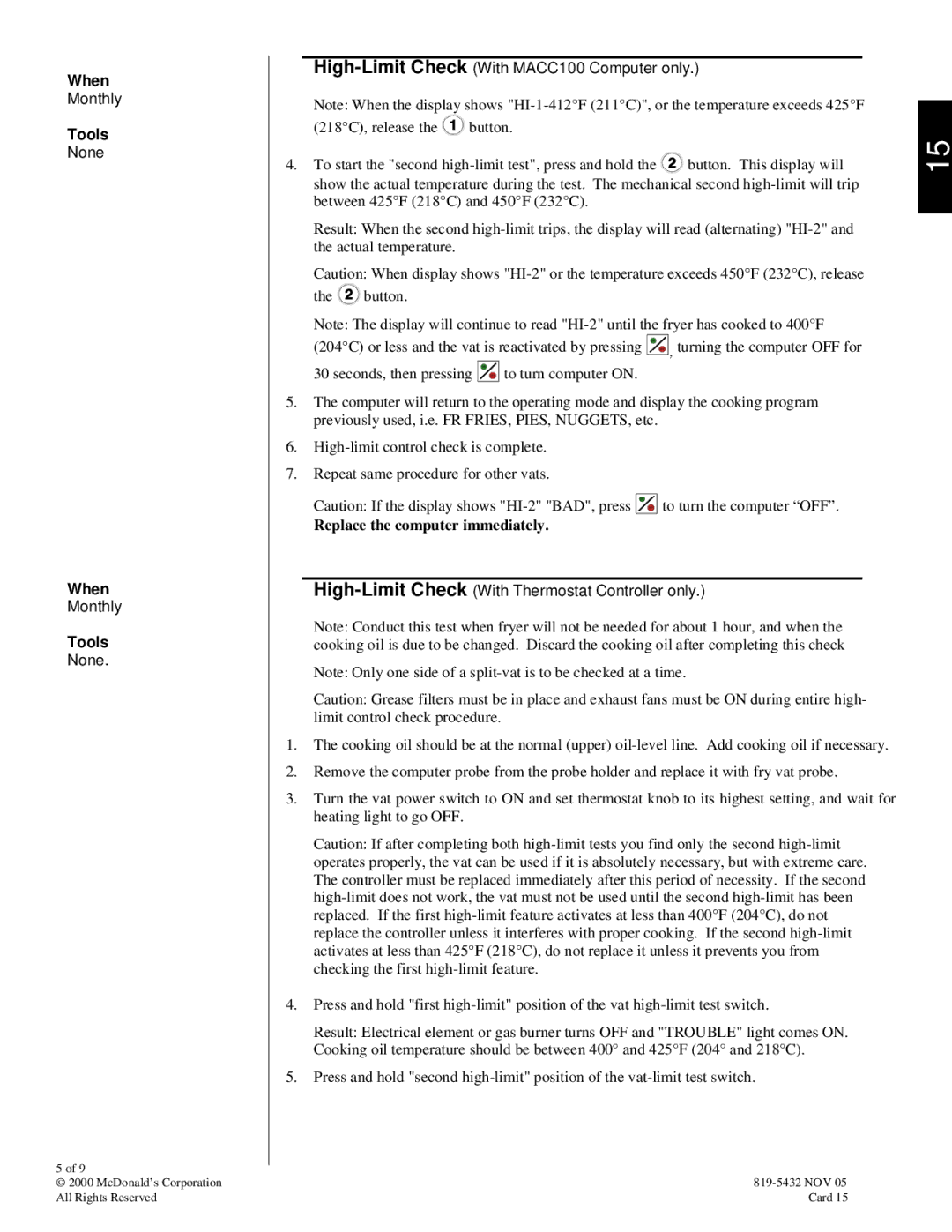 Frymaster 819-5432 manual Monthlypage, High-Limit Check With Thermostat Controller only 