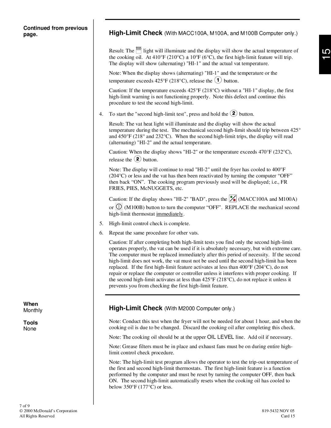 Frymaster 819-5432 manual Quarterly, High-Limit Check With M2000 Computer only 