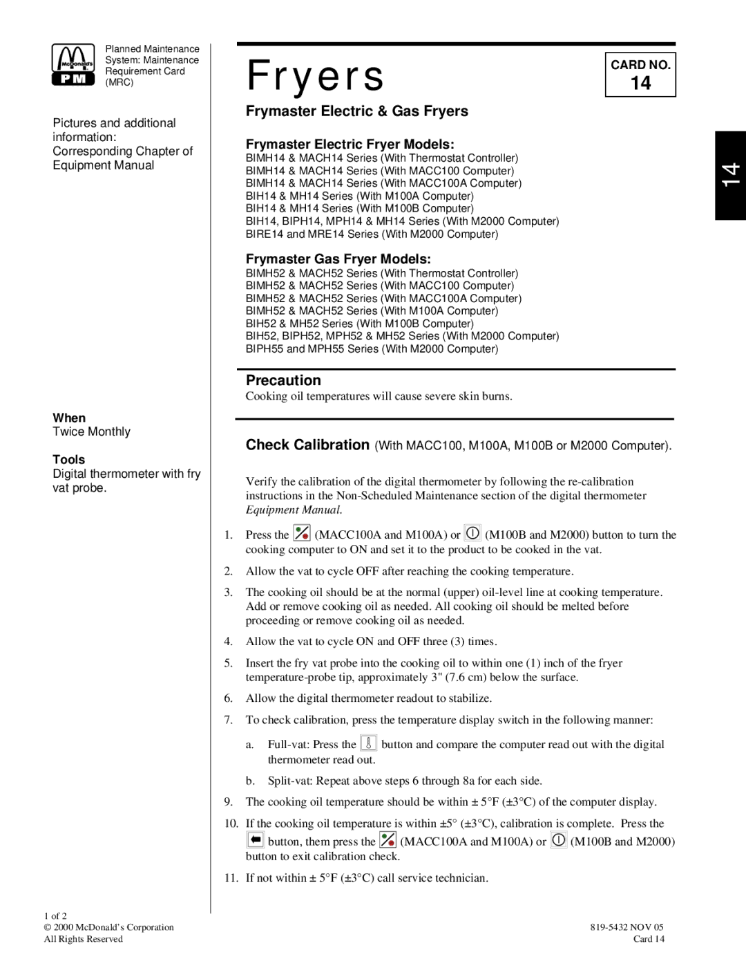 Frymaster 819-5432 manual Twice Monthly, Digital thermometer with fry vat probe 