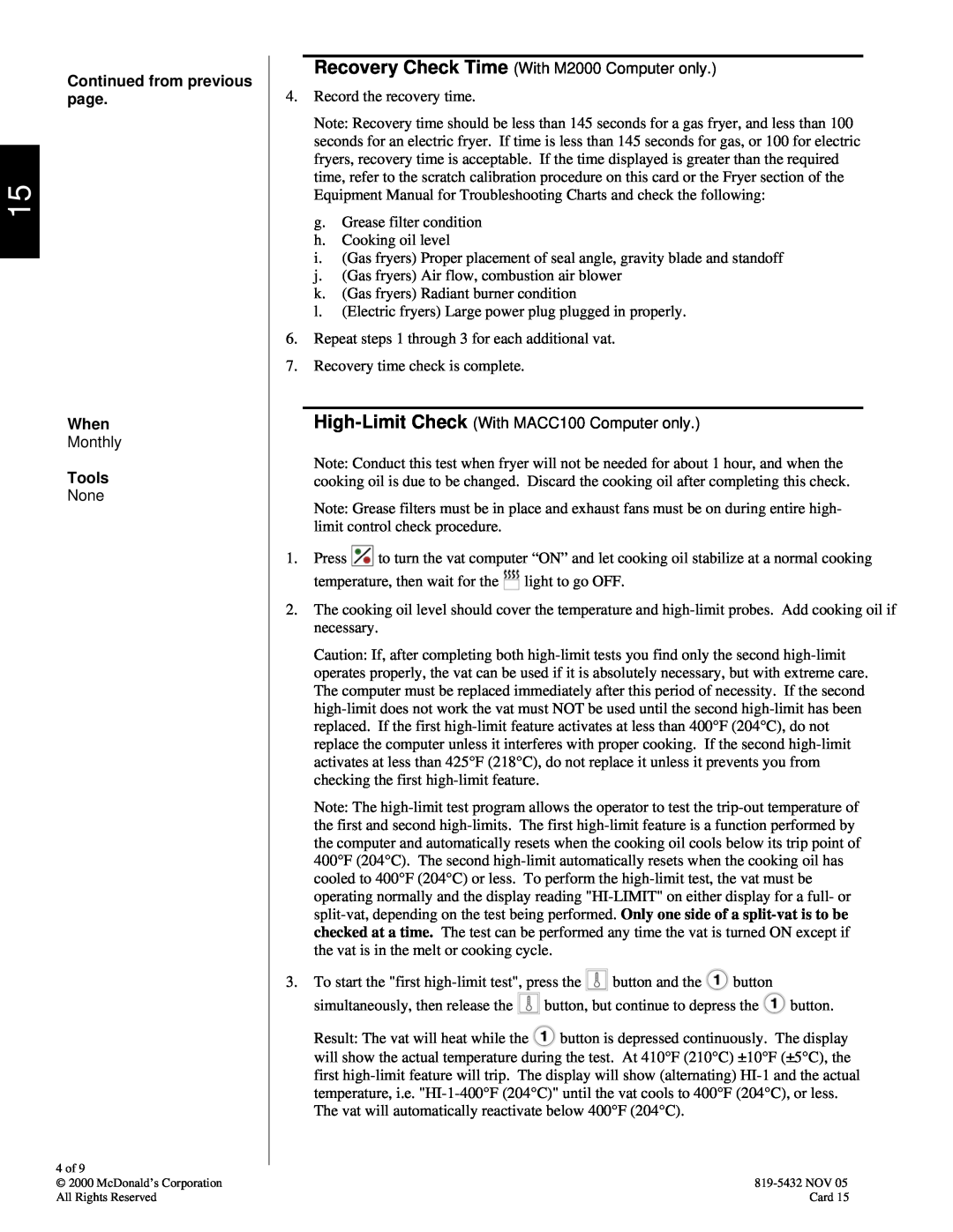 Frymaster 819-5432 manual Continued from previous page, When, Tools, Record the recovery time 