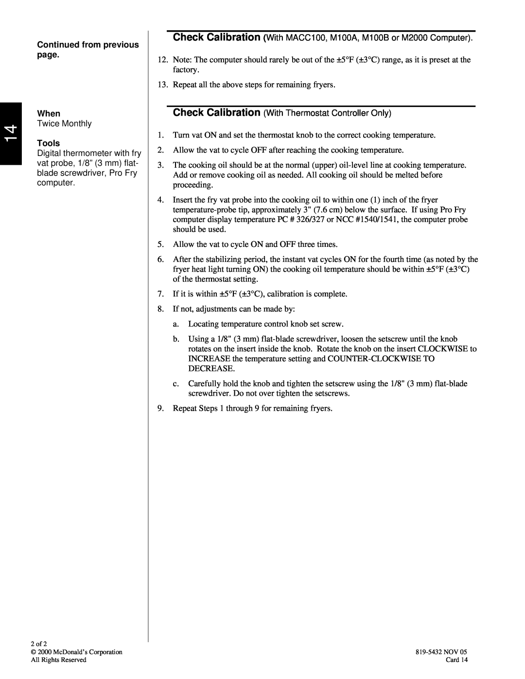 Frymaster 819-5432 manual Continued from previous page, When, Tools, 2 of 