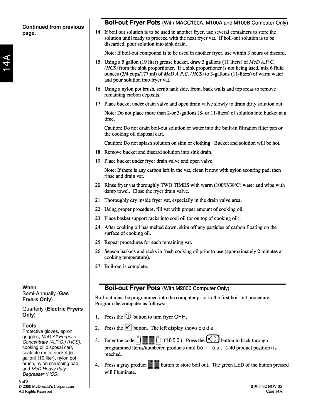 Frymaster 819-5432 manual Continued from previous page, When, Fryers Only Quarterly Electric Fryers Only Tools, 6 of 