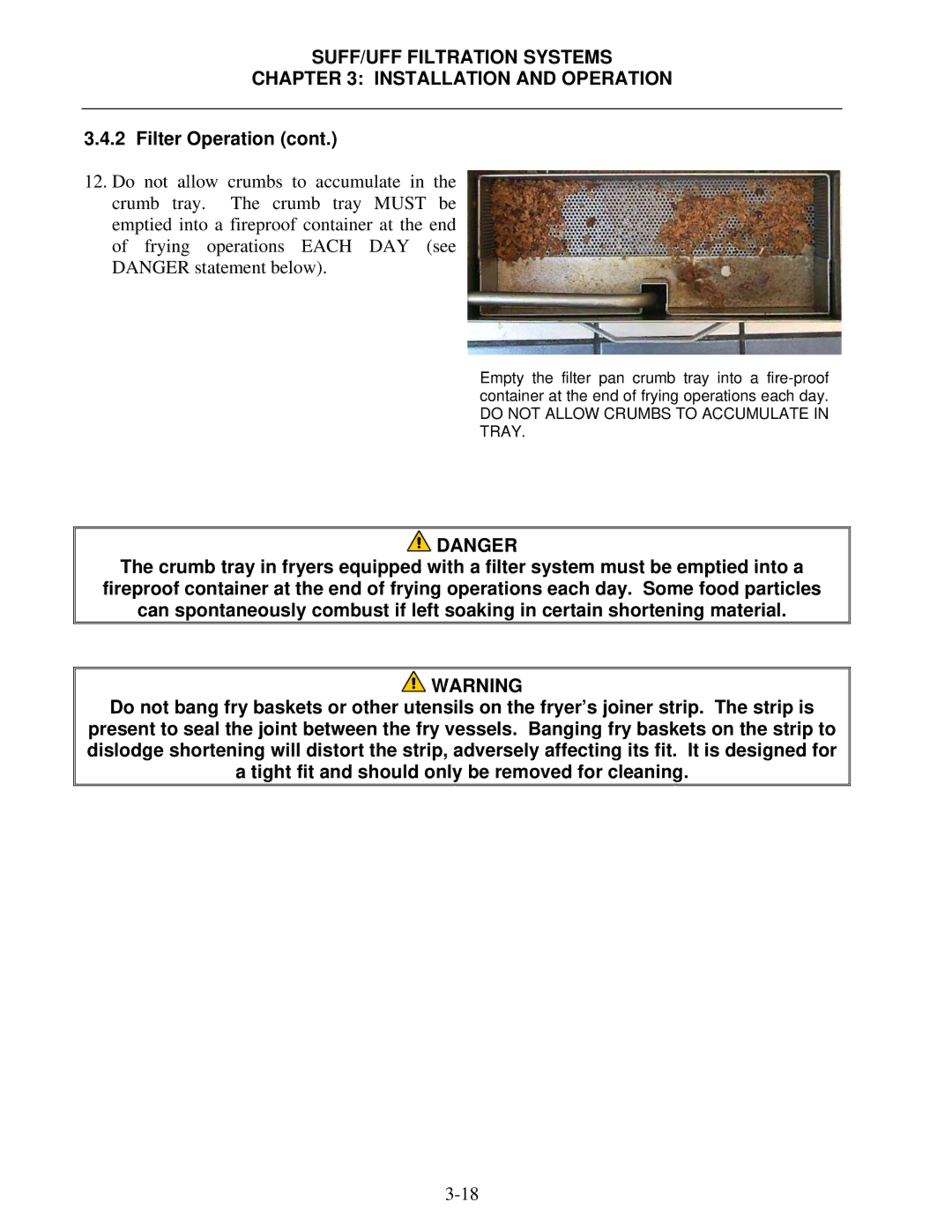 Frymaster 8195809 operation manual Do not Allow Crumbs to Accumulate in Tray 