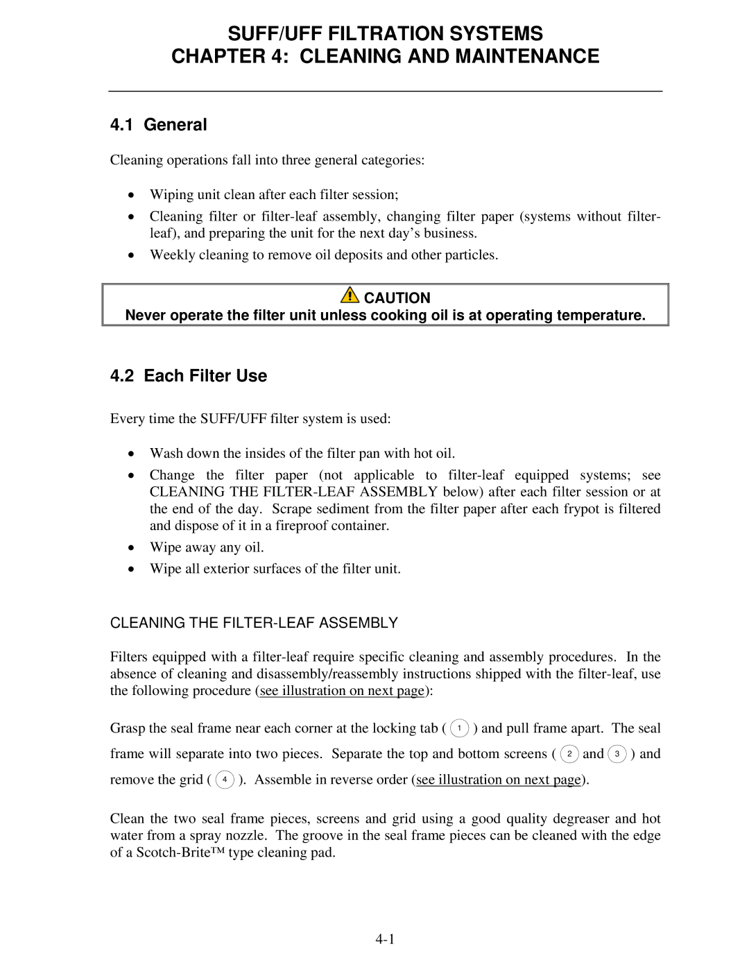 Frymaster 8195809 operation manual SUFF/UFF Filtration Systems Cleaning and Maintenance, Each Filter Use 