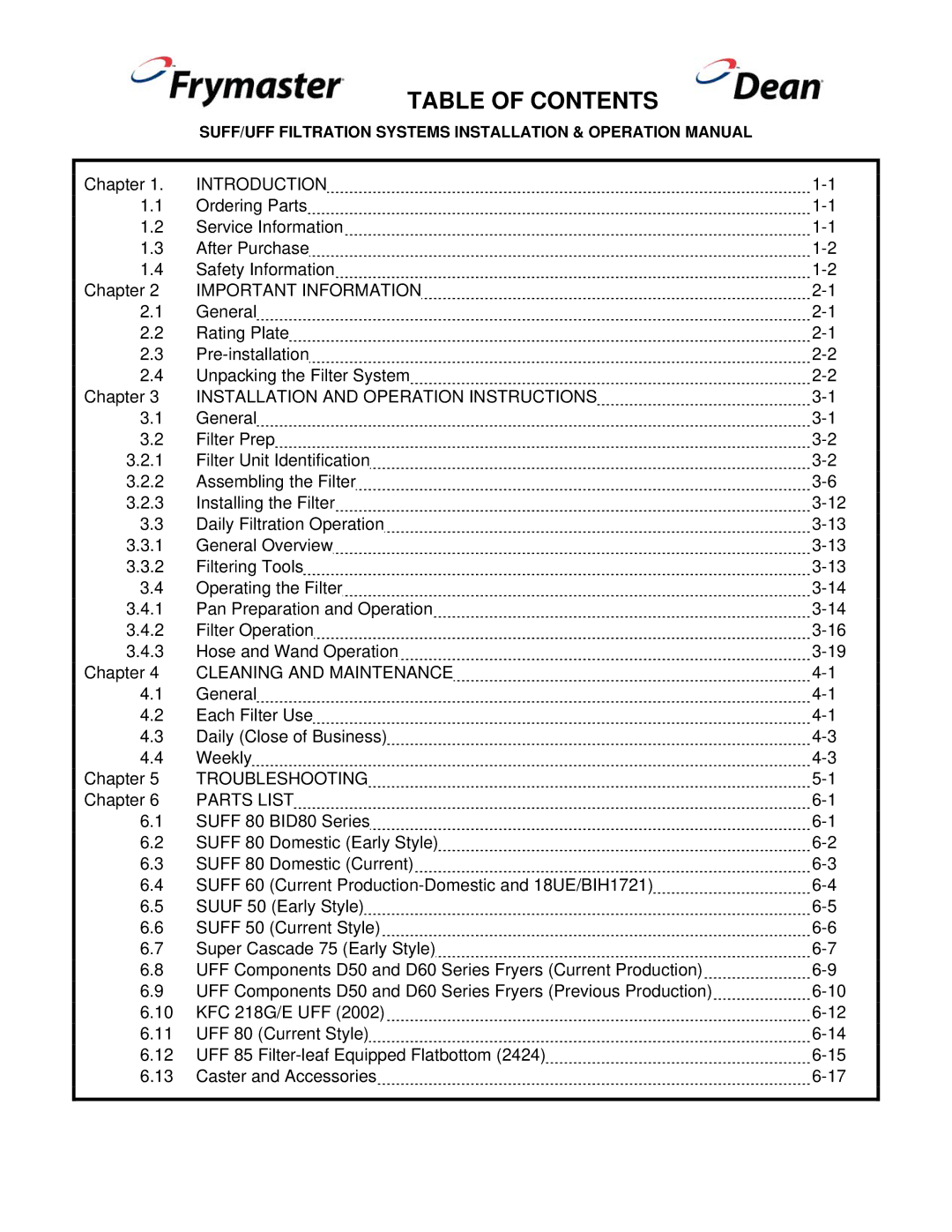 Frymaster 8195809 operation manual Table of Contents 