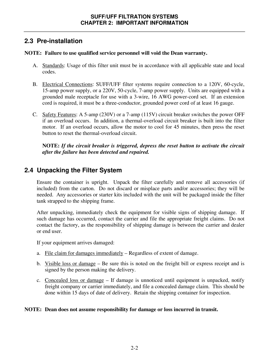 Frymaster 8195809 operation manual Pre-installation, Unpacking the Filter System 