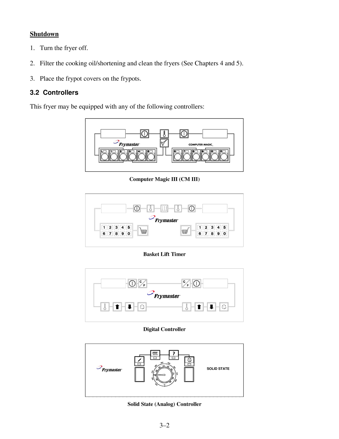 Frymaster 8195915 operation manual Shutdown, Controllers 