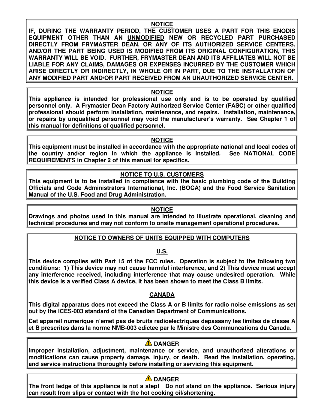 Frymaster 8195915 operation manual Canada 