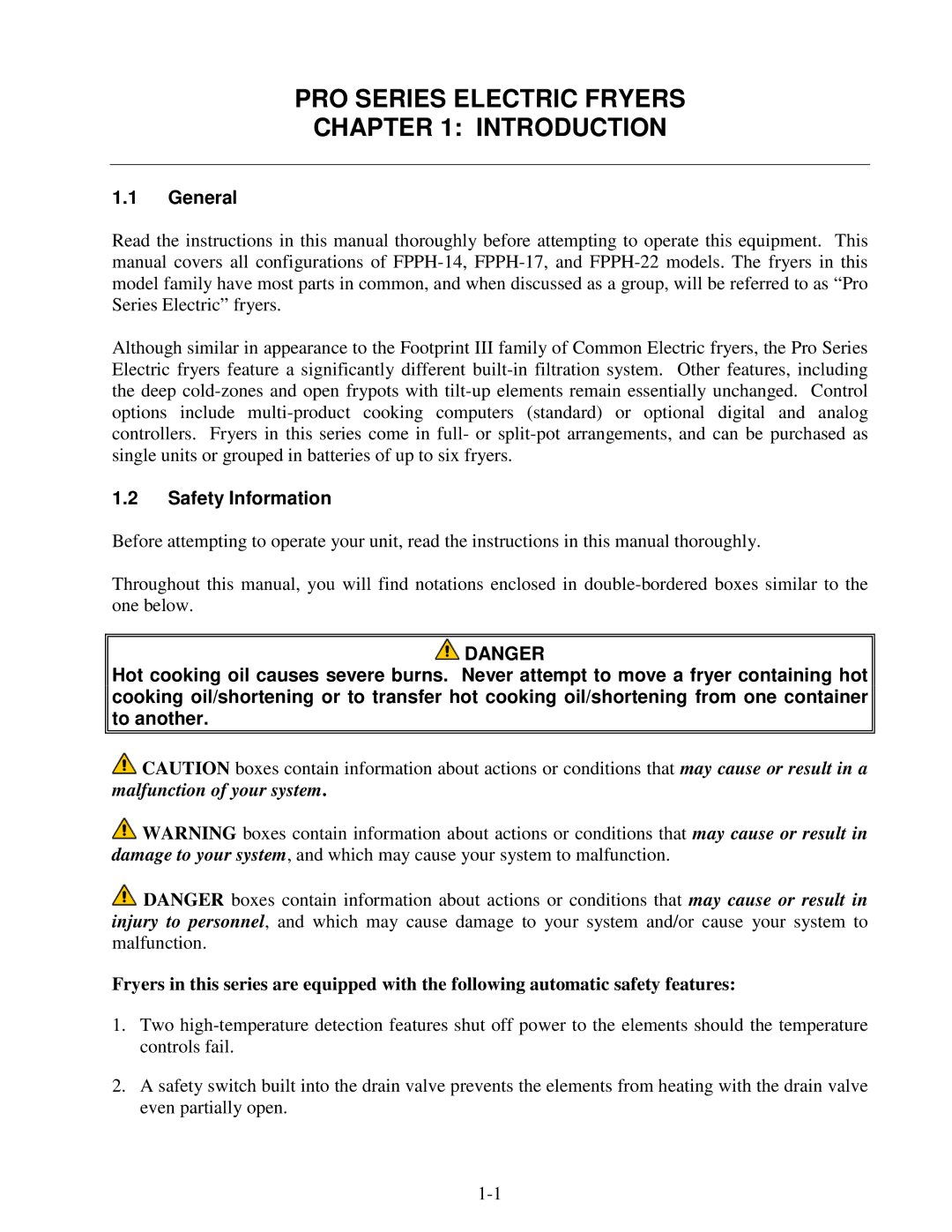 Frymaster 8195915 operation manual PRO Series Electric Fryers Introduction, General, Safety Information 