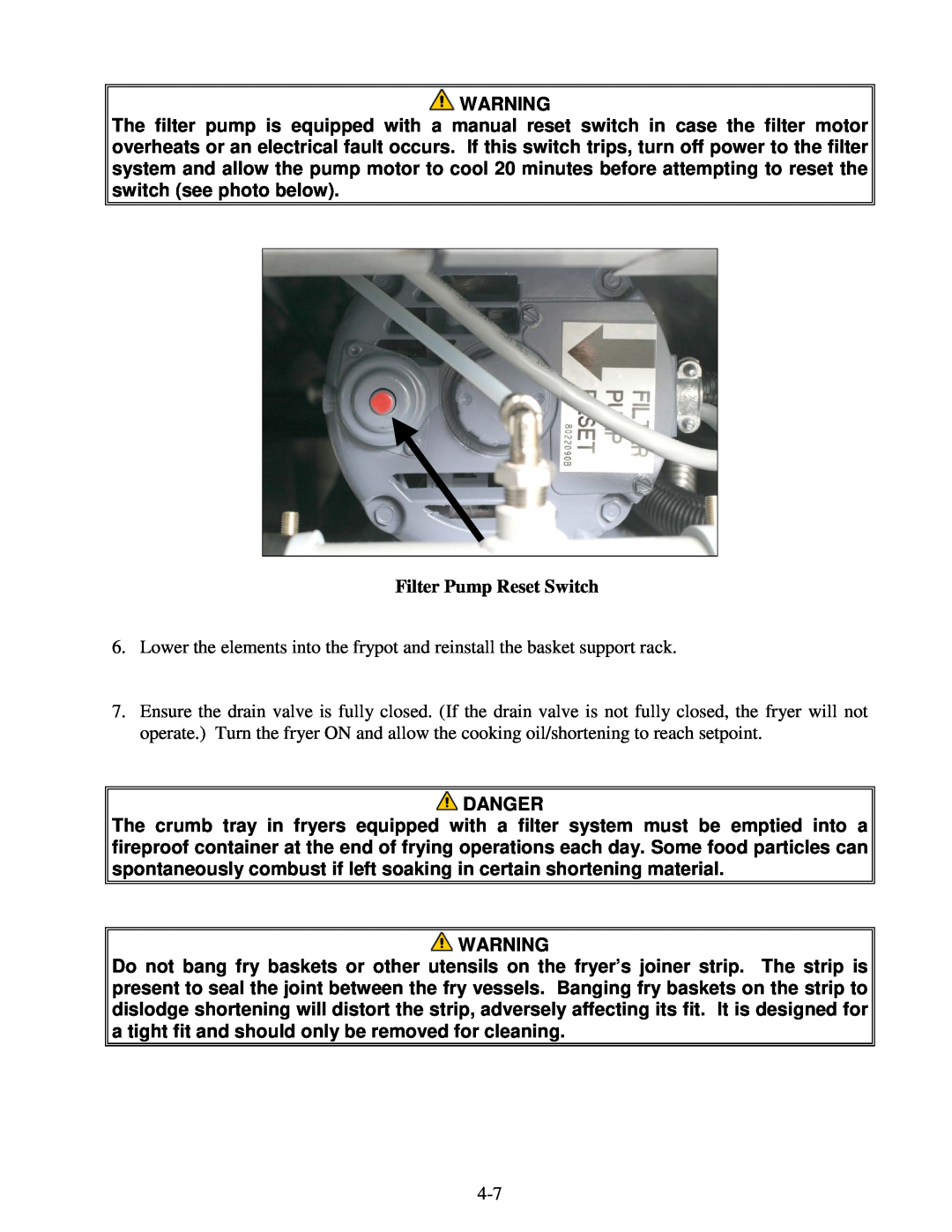 Frymaster 8195915 operation manual Filter Pump Reset Switch, Danger 