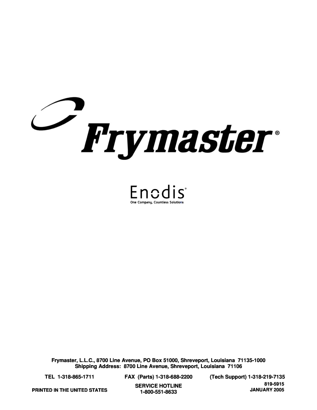 Frymaster 8195915 operation manual FAX Parts, Tech Support, Service Hotline, 819-5915, January 