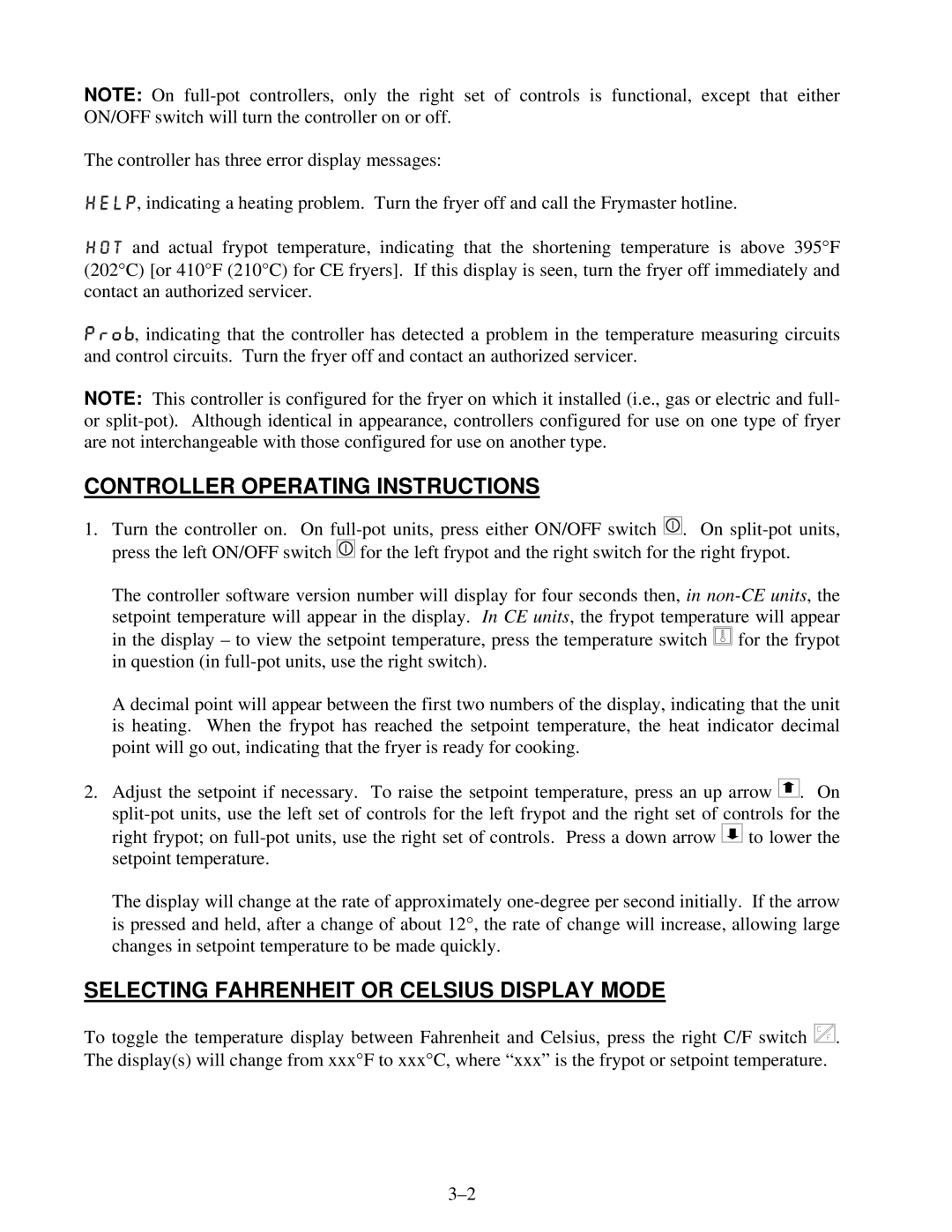 Frymaster 8195916 user manual Controller Operating Instructions, Selecting Fahrenheit or Celsius Display Mode 